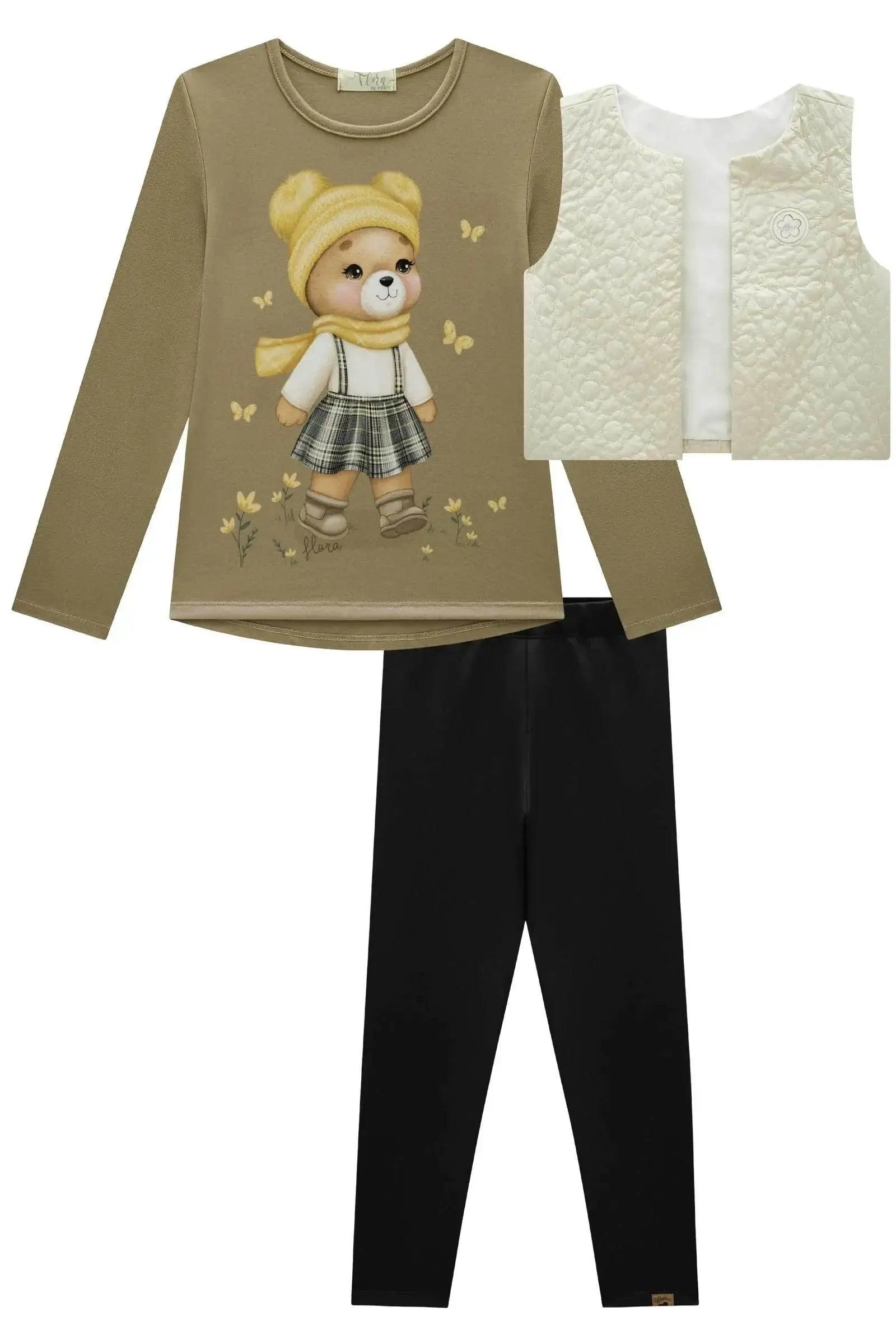 Trio de Blusa Alongada em Cotton Colete em Matelassê Flores e Calça Legging em Fly Tech 94209 Infanti Infantil Menina