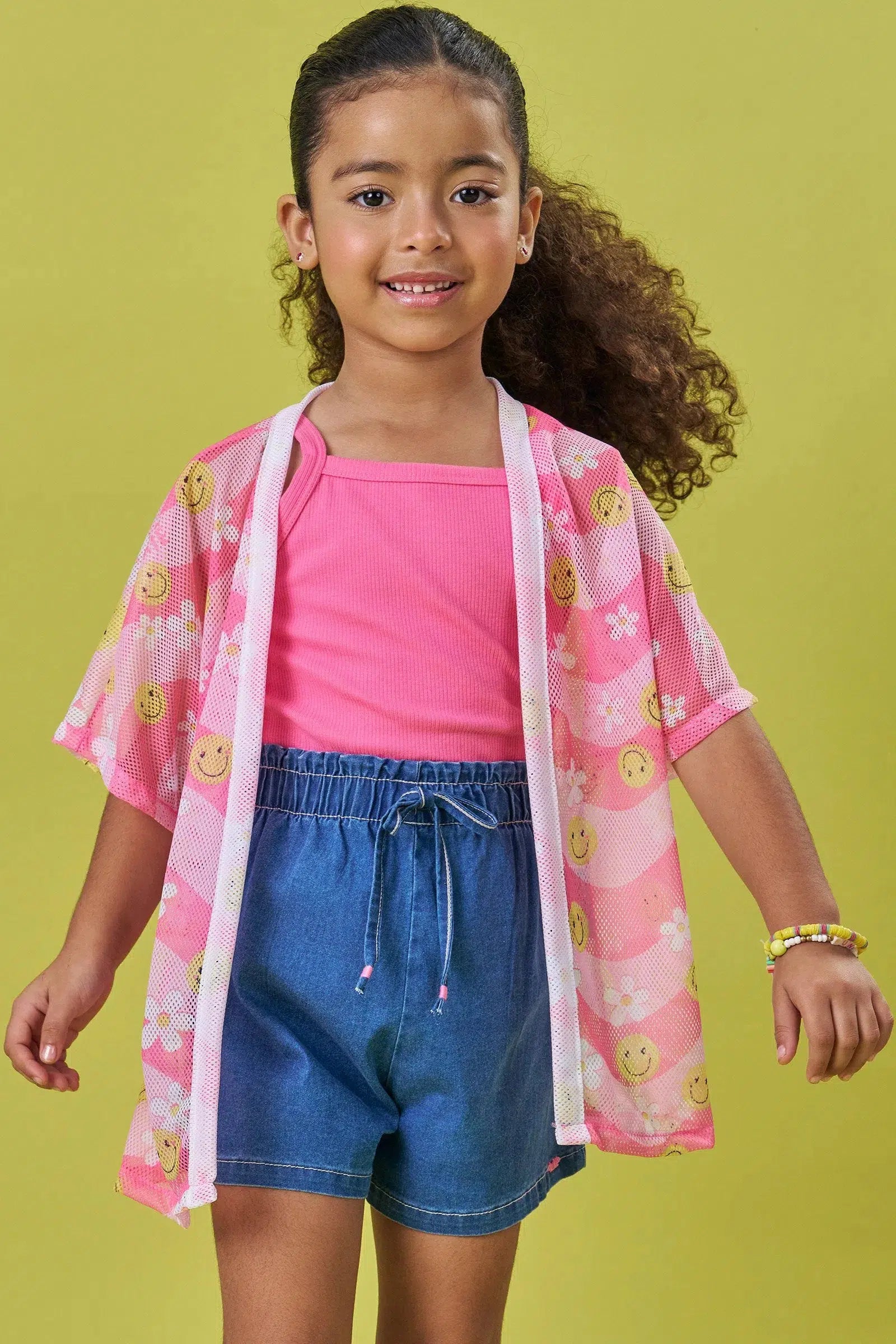 Trio Infantil Menina de Blusa em Canelado Shorts em Jeans Liz e Kimono em Tela Fashion 82055 Kukiê