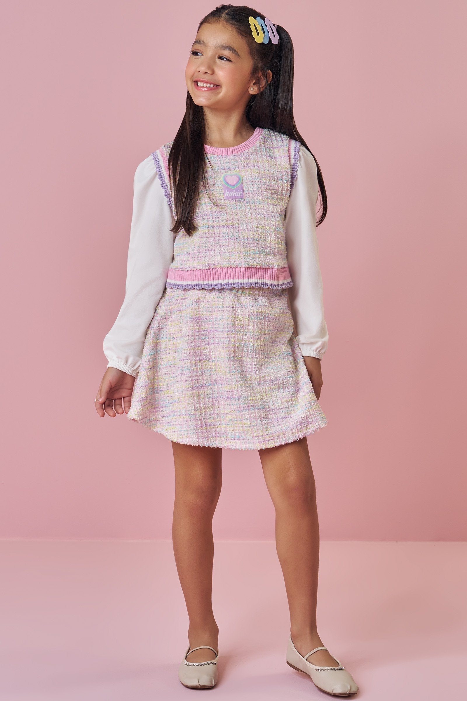 Trio de Blusa em Cotton Colete em Malha Tweed e Saia em Malha Tweed 89831 Kukiê Infantil Menina