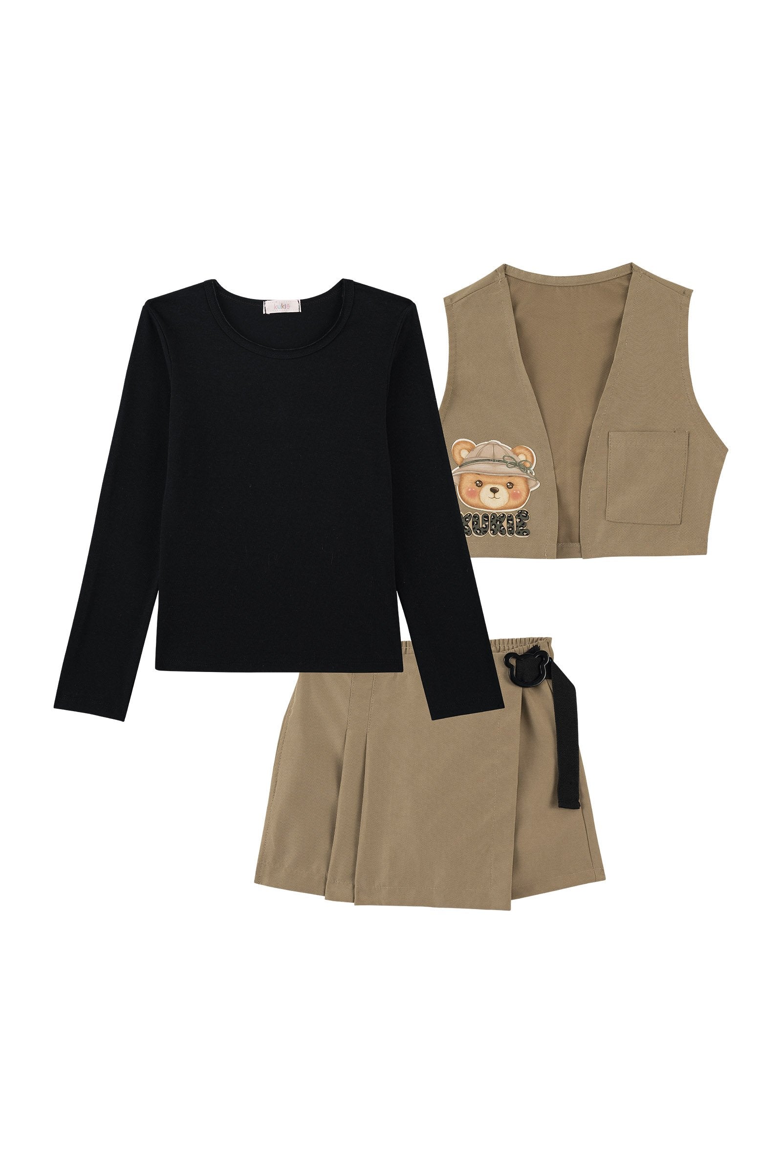 Trio de Blusa em Cotton e Colete e Short Saia em Sarja com Elastano 90662 Kukiê Infantil Menina