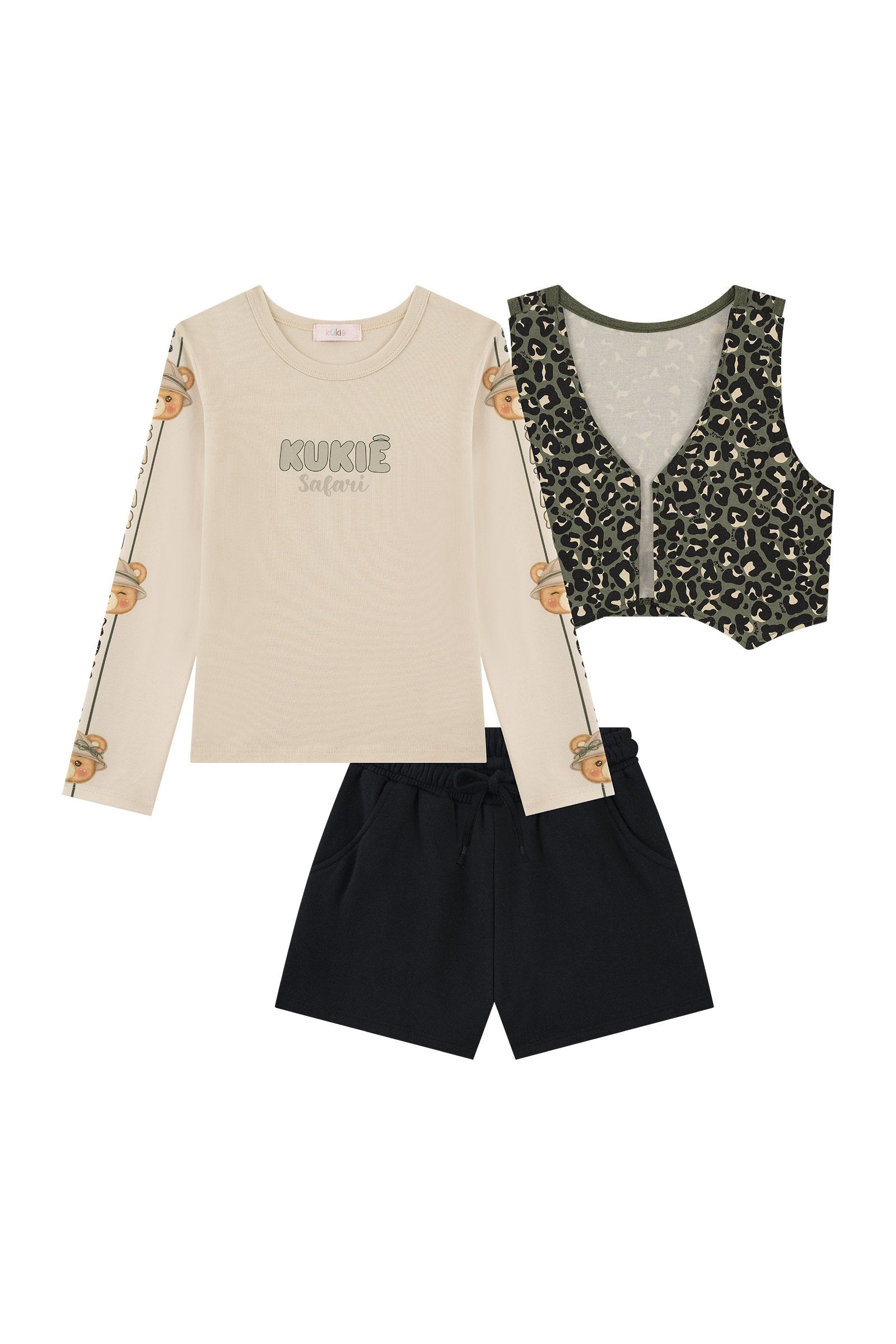 Trio de Blusa em Cotton Short em Moletom com Pelúcia e Colete em Sarja com Elastano 90671 Kukiê Infantil Menina