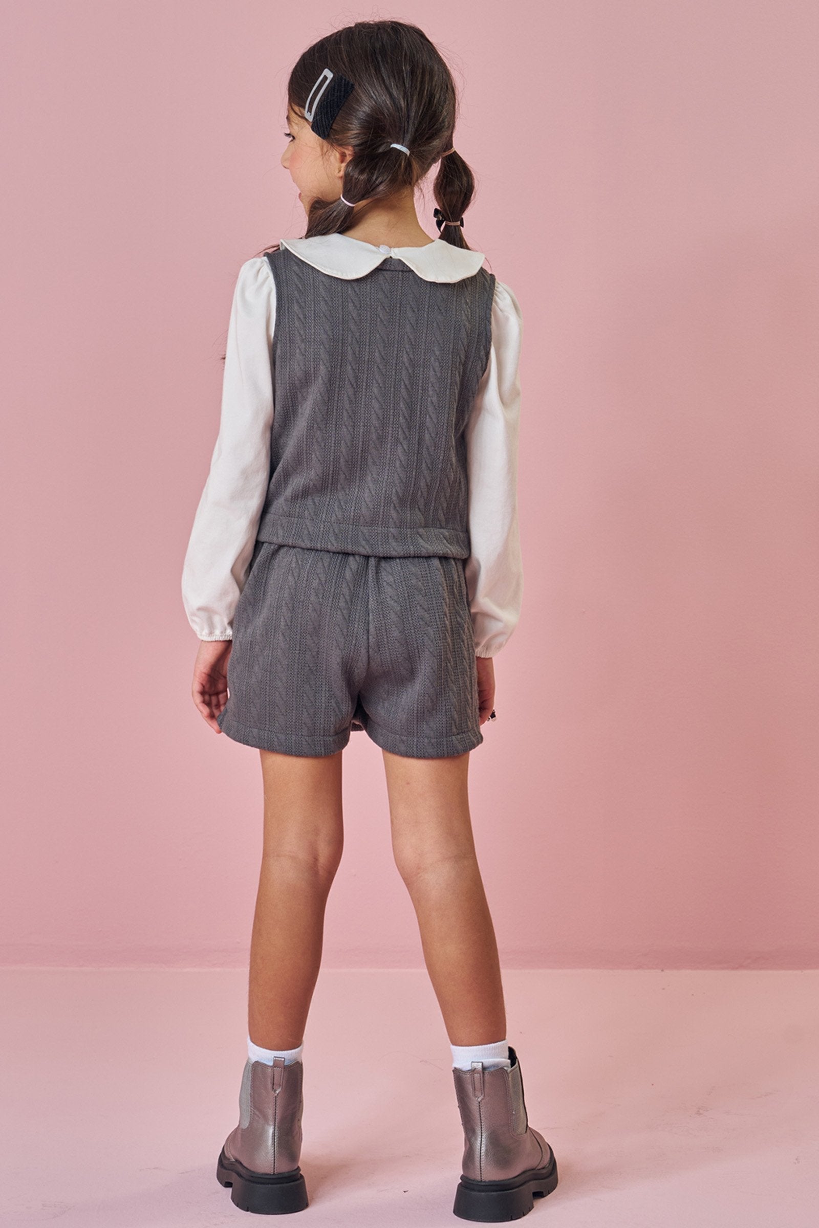 Trio de Blusa em Cotton Short Saia e Colete em Malha Tricot 92480 Kukiê Infantil Menina