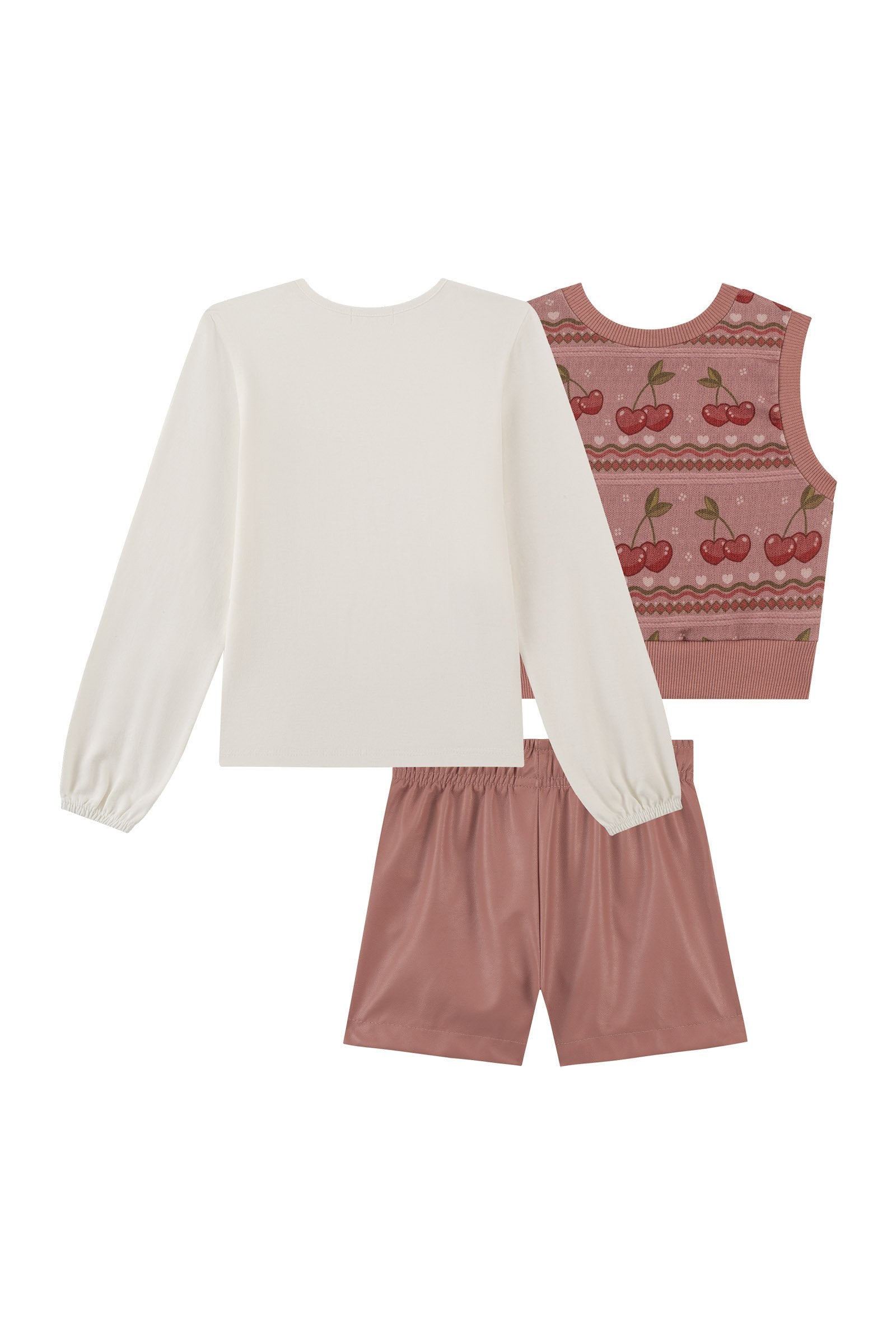 Trio de Blusa em Cotton Shorts em Couro Eco e Colete em Molecotton 92644 Kukiê Infantil Menina