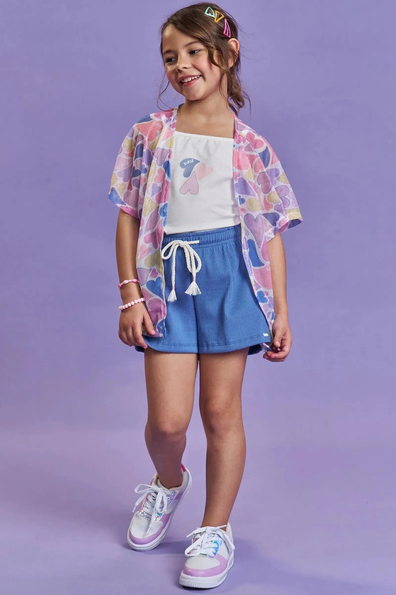 Trio de Blusa em Meia Malha Shorts em Soft Line e Kimono em Tela Fashion 93132 Kukiê Infantil Menina