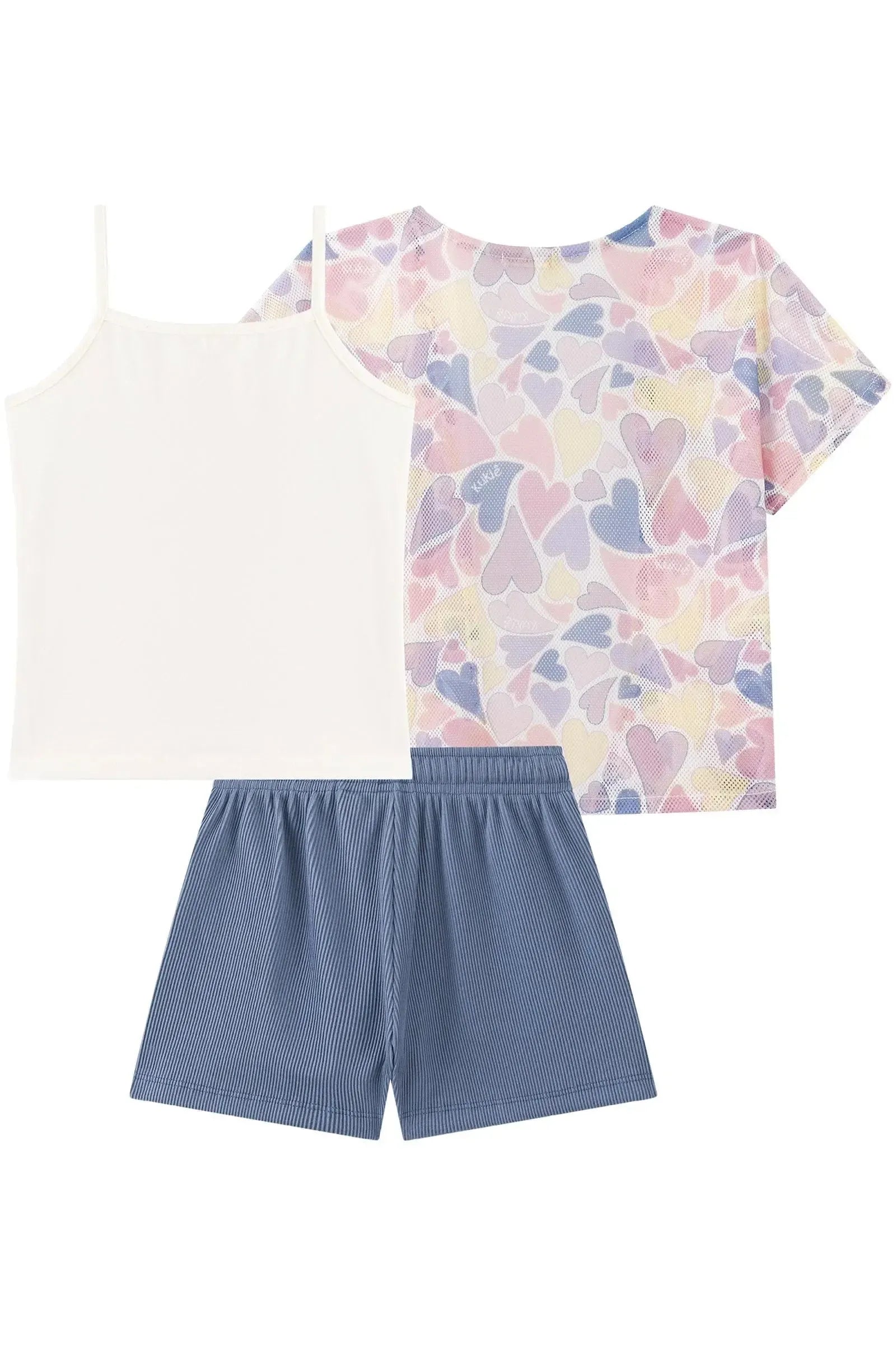 Trio de Blusa em Meia Malha Shorts em Soft Line e Kimono em Tela Fashion 93132 Kukiê Infantil Menina