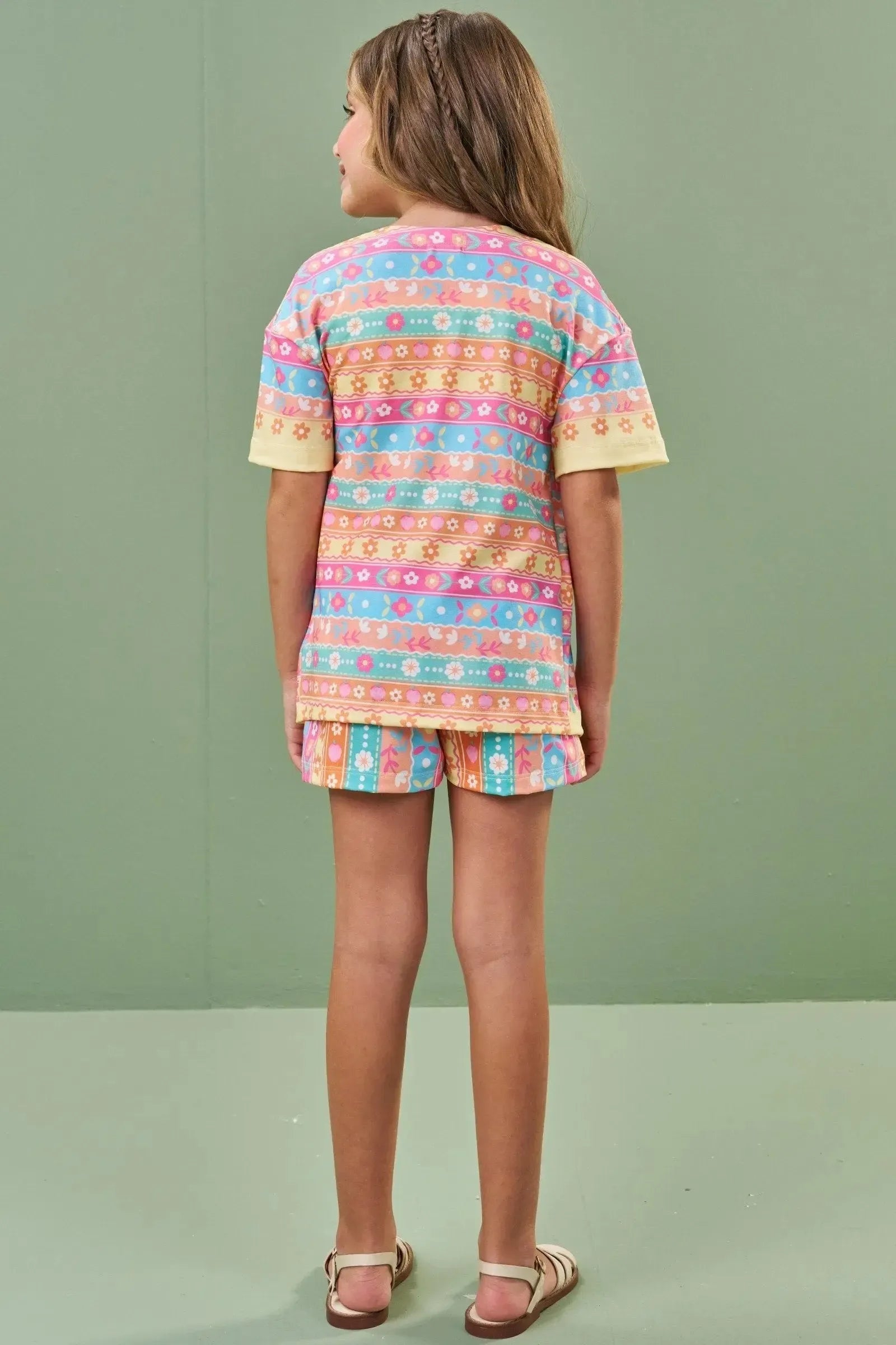 Trio de Regata em Cotton e Shorts e Kimono em Malha Fresh 86504 Kukiê Infantil Menina