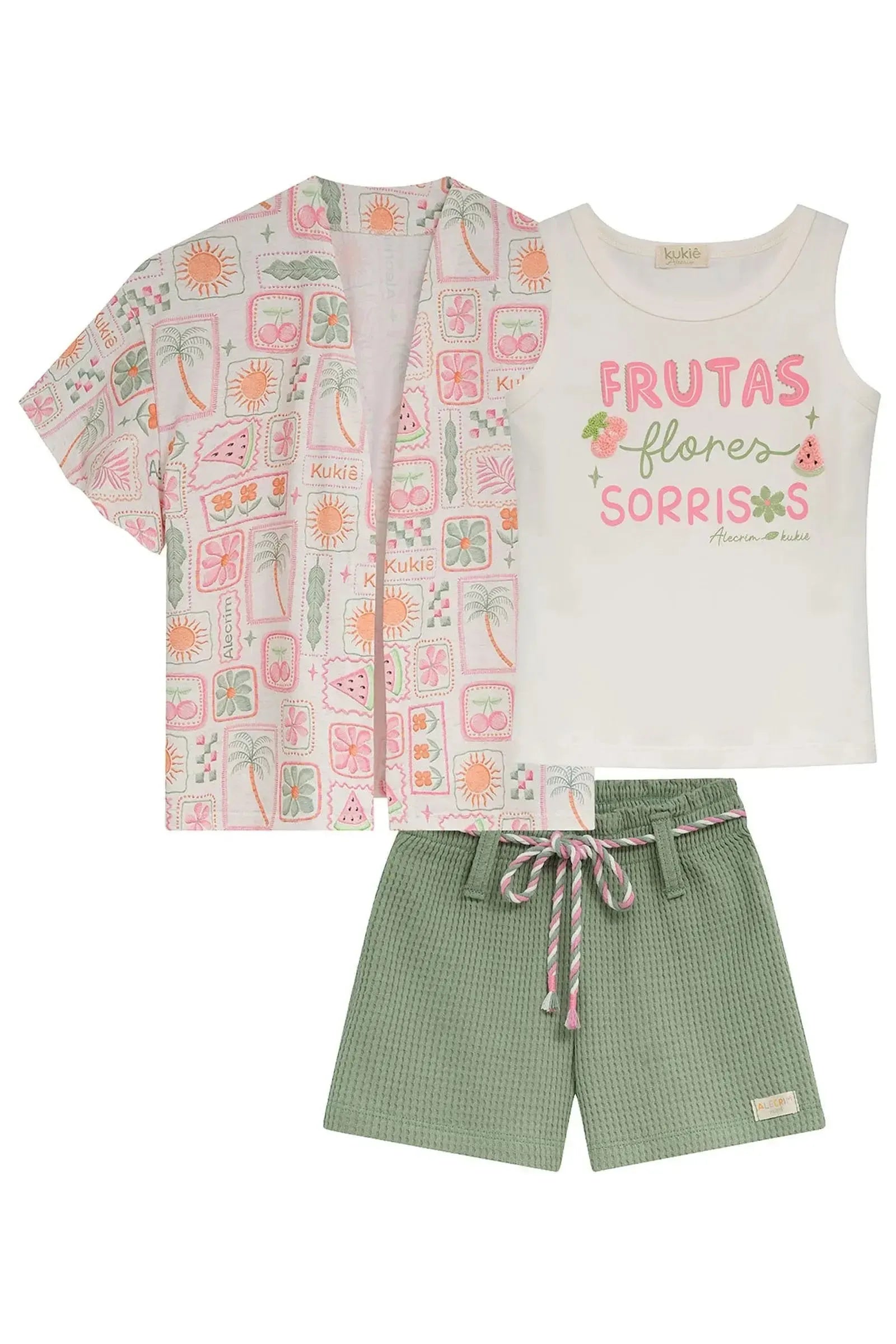 Trio de Regata em Cottonshorts em Malha Big Waffle e Kimono em Malha Fresh 95227 Kukiê Infantil Menina