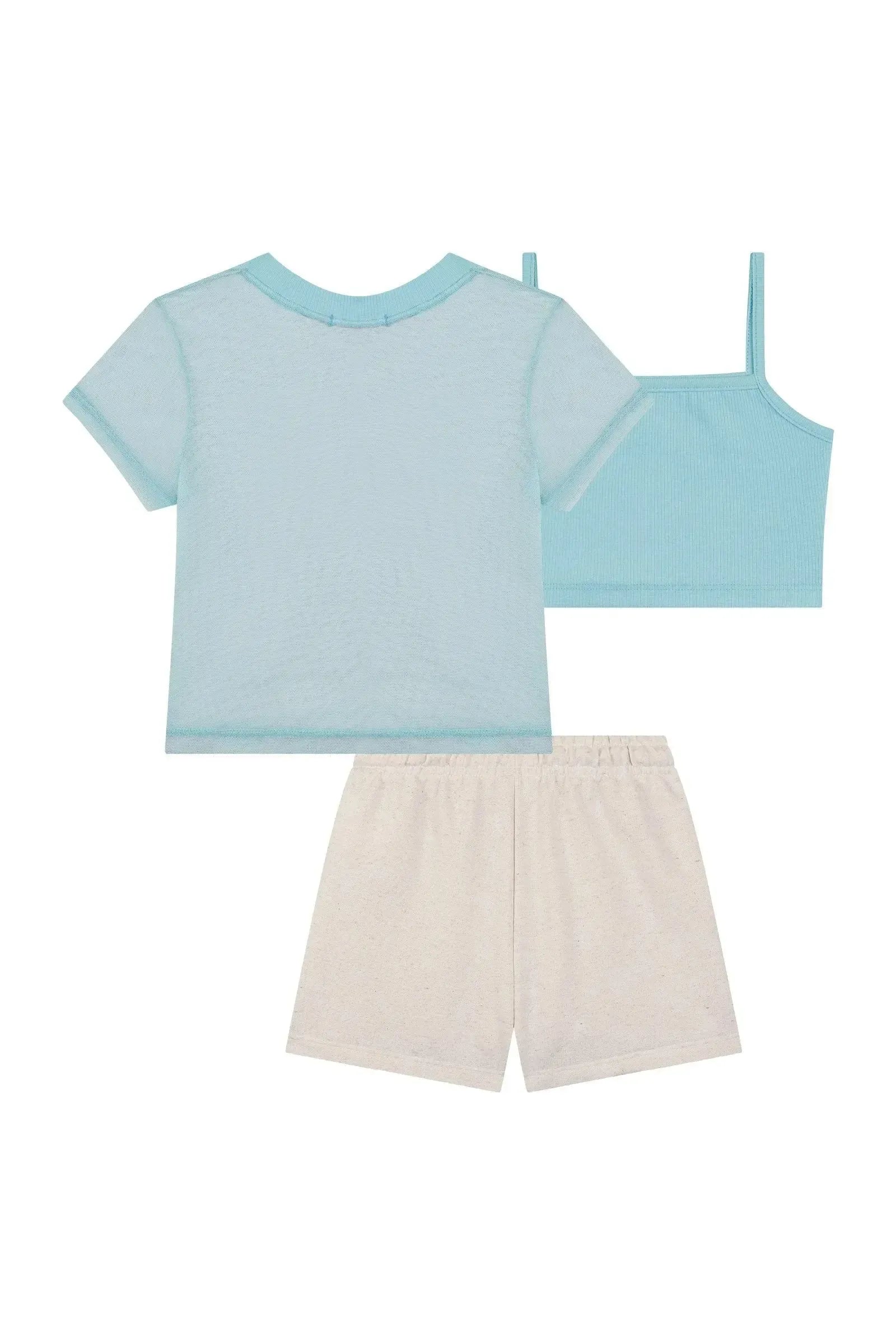 Trio de Top em Canelado Blusa Boxy em Tule com Elastano e Shorts em Linho Delux 89022 Kukiê Infantil Menina