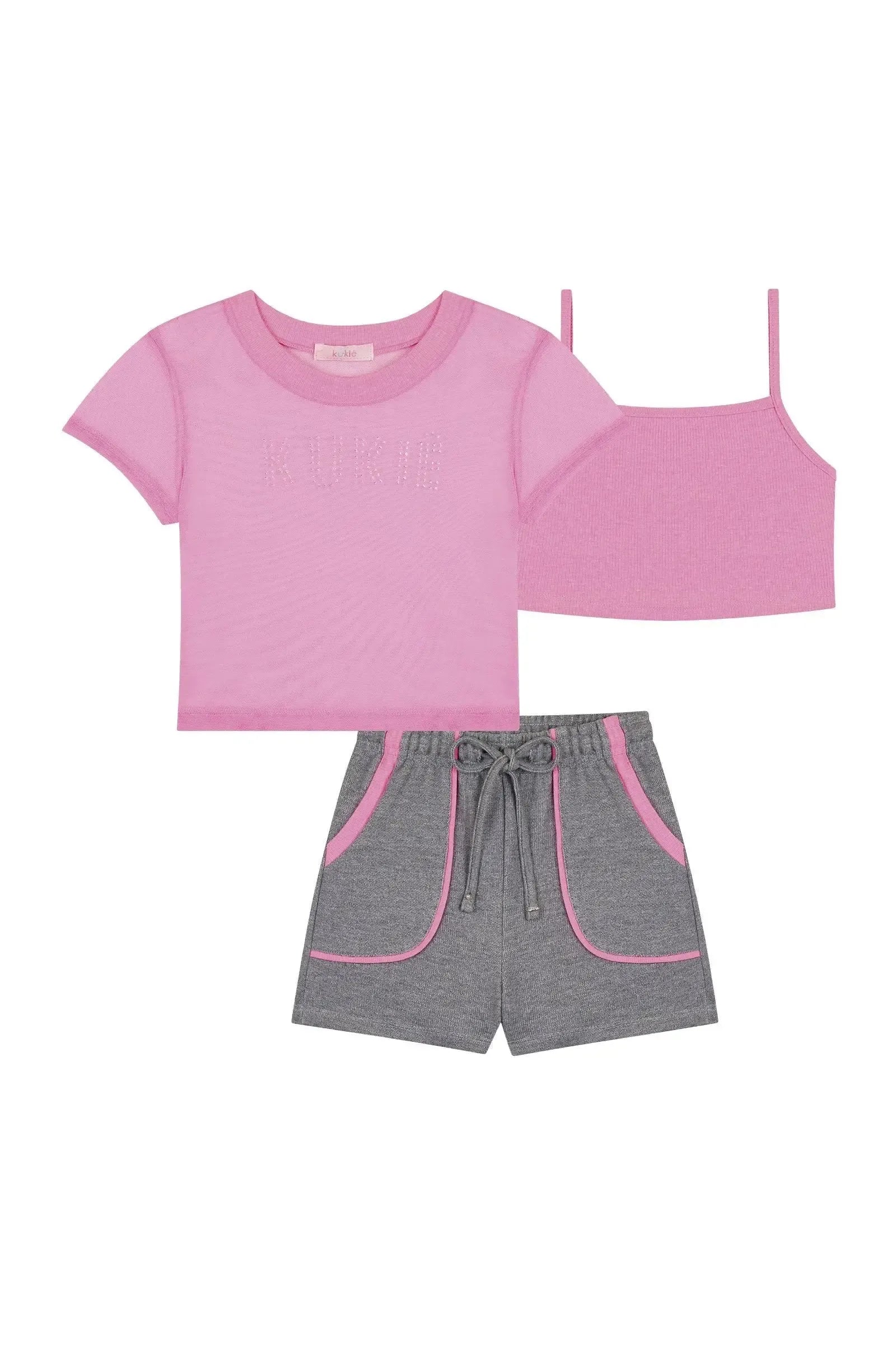 Trio de Top em Canelado Blusa Boxy em Tule com Elastano e Shorts em Moletom sem Pelúcia 88312 Kukiê Infantil Menina