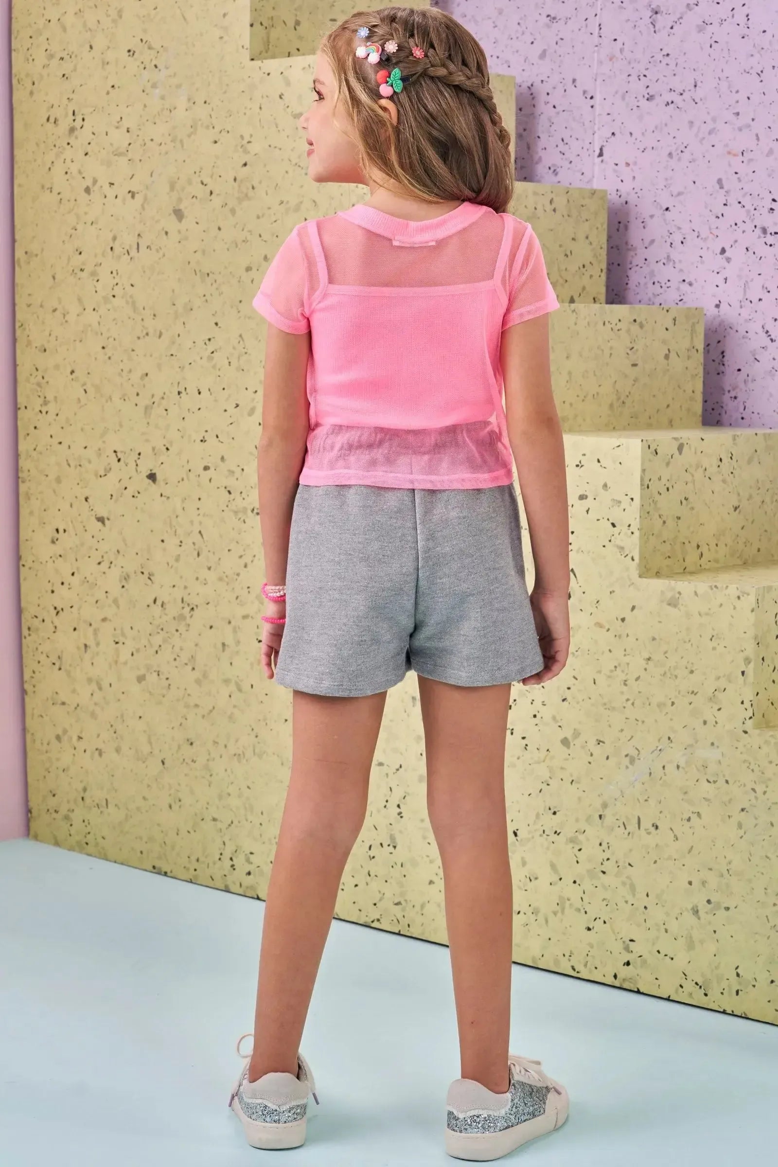 Trio de Top em Canelado Blusa Boxy em Tule com Elastano e Shorts em Moletom sem Pelúcia 88312 Kukiê Infantil Menina