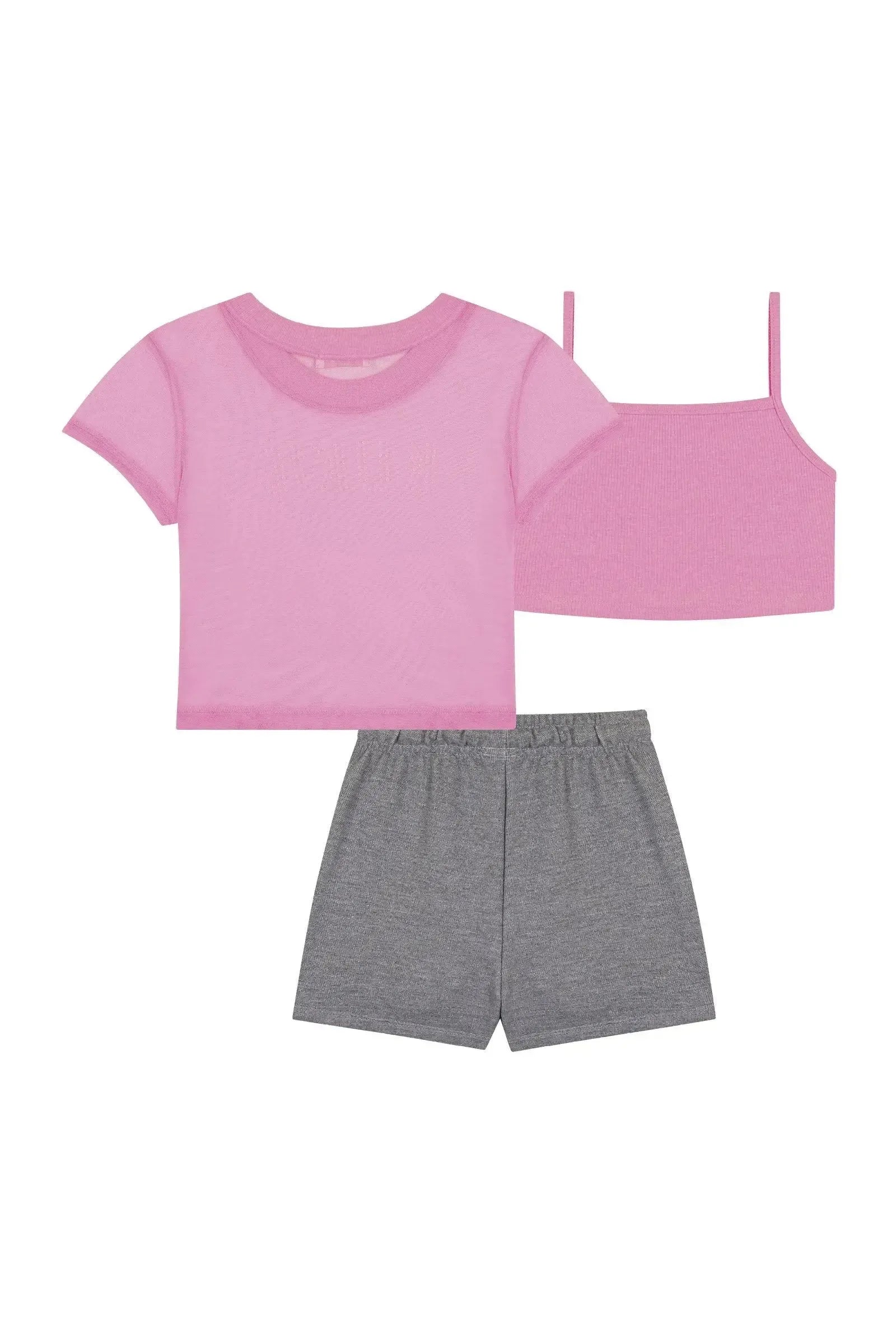 Trio de Top em Canelado Blusa Boxy em Tule com Elastano e Shorts em Moletom sem Pelúcia 88312 Kukiê Infantil Menina