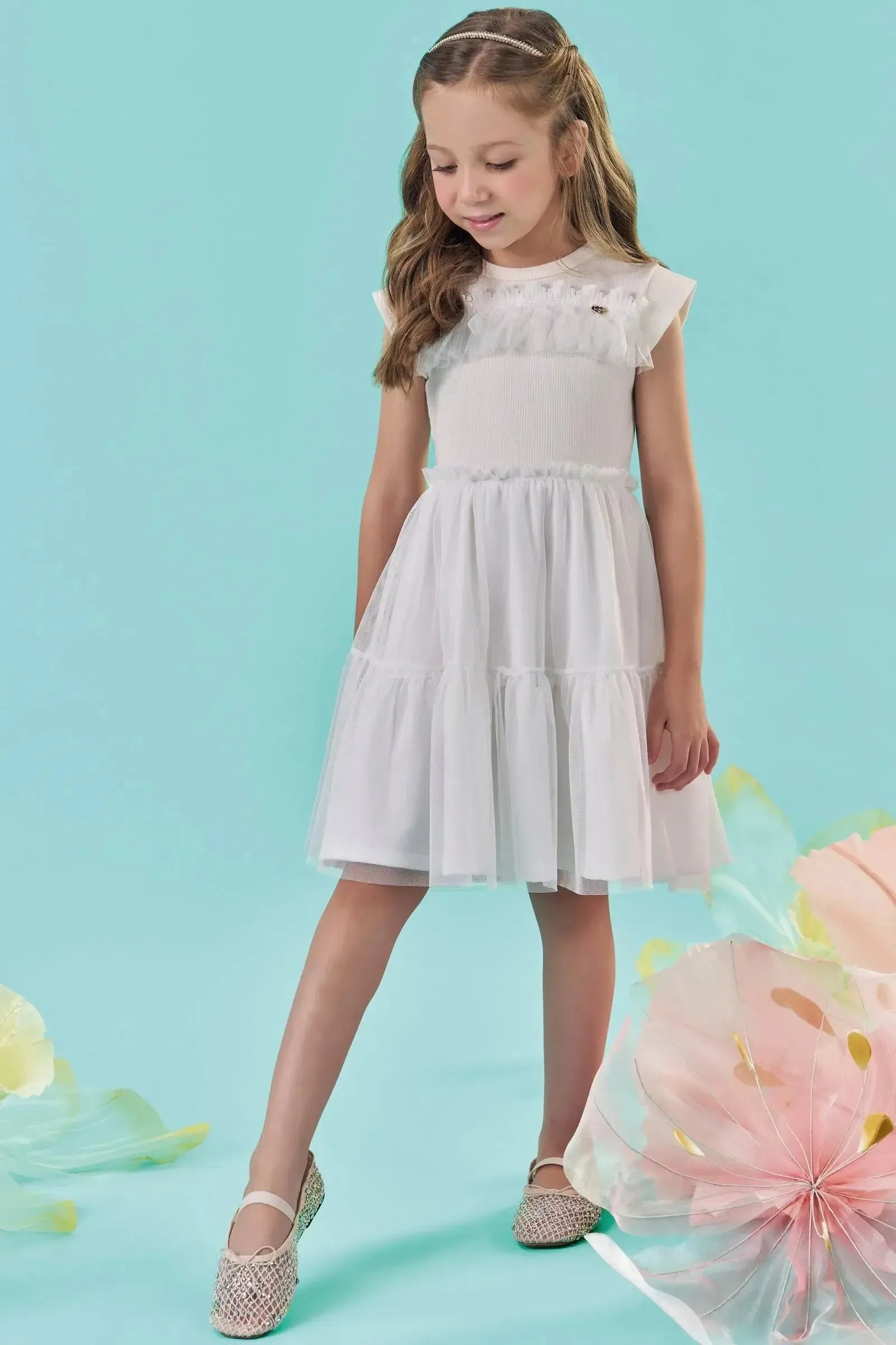 Vestido em Canelado Liz e Tule com Elastano 86994 Kukiê Infantil Menina