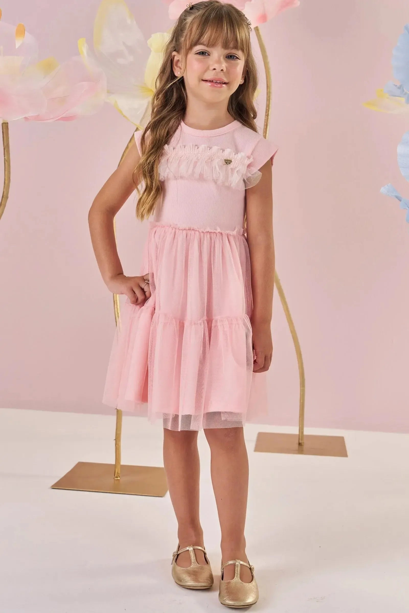 Vestido em Canelado Liz e Tule com Elastano 86994 Kukiê Infantil Menina