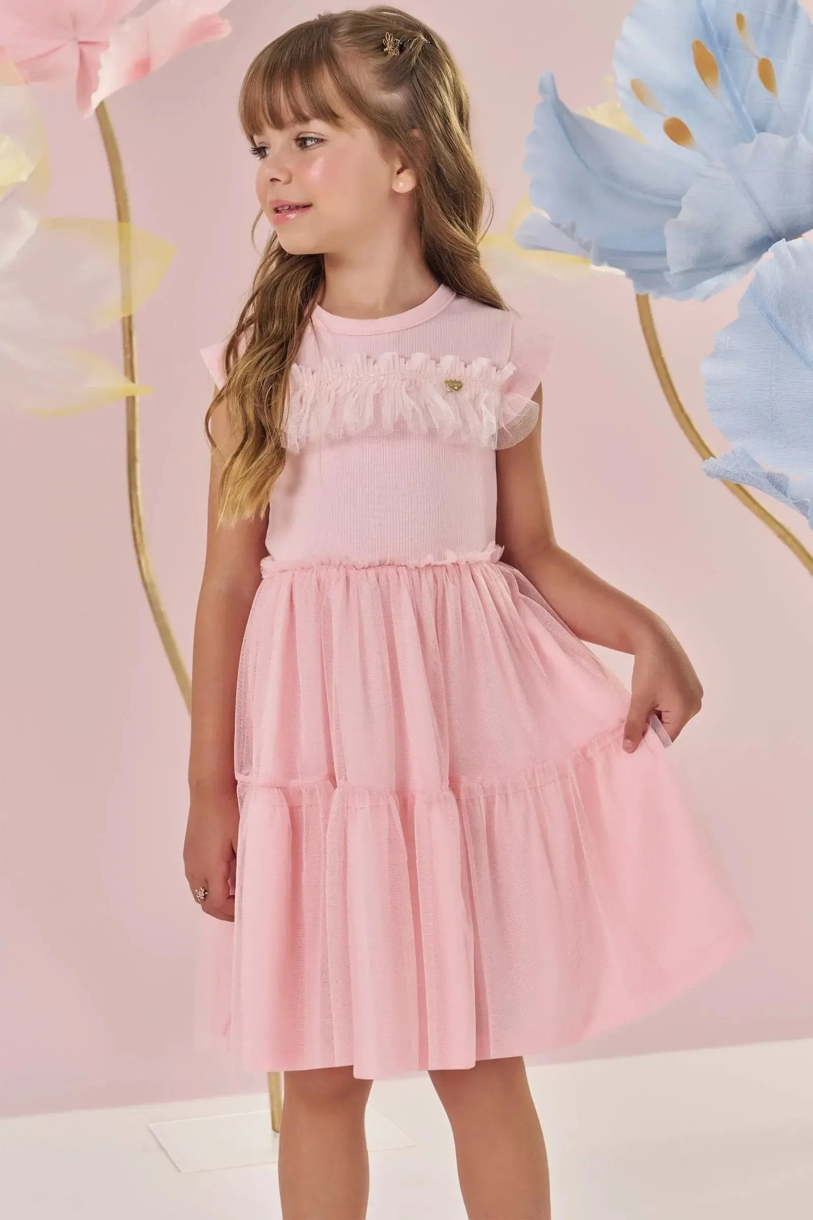 Vestido em Canelado Liz e Tule com Elastano 86994 Kukiê Infantil Menina