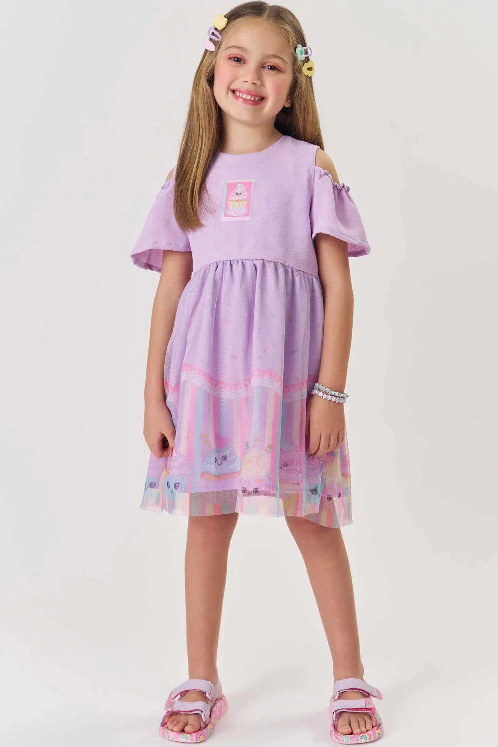 Vestido Infantil Menina em Crepe Dots e Tule com Elastano 82256 Kukiê