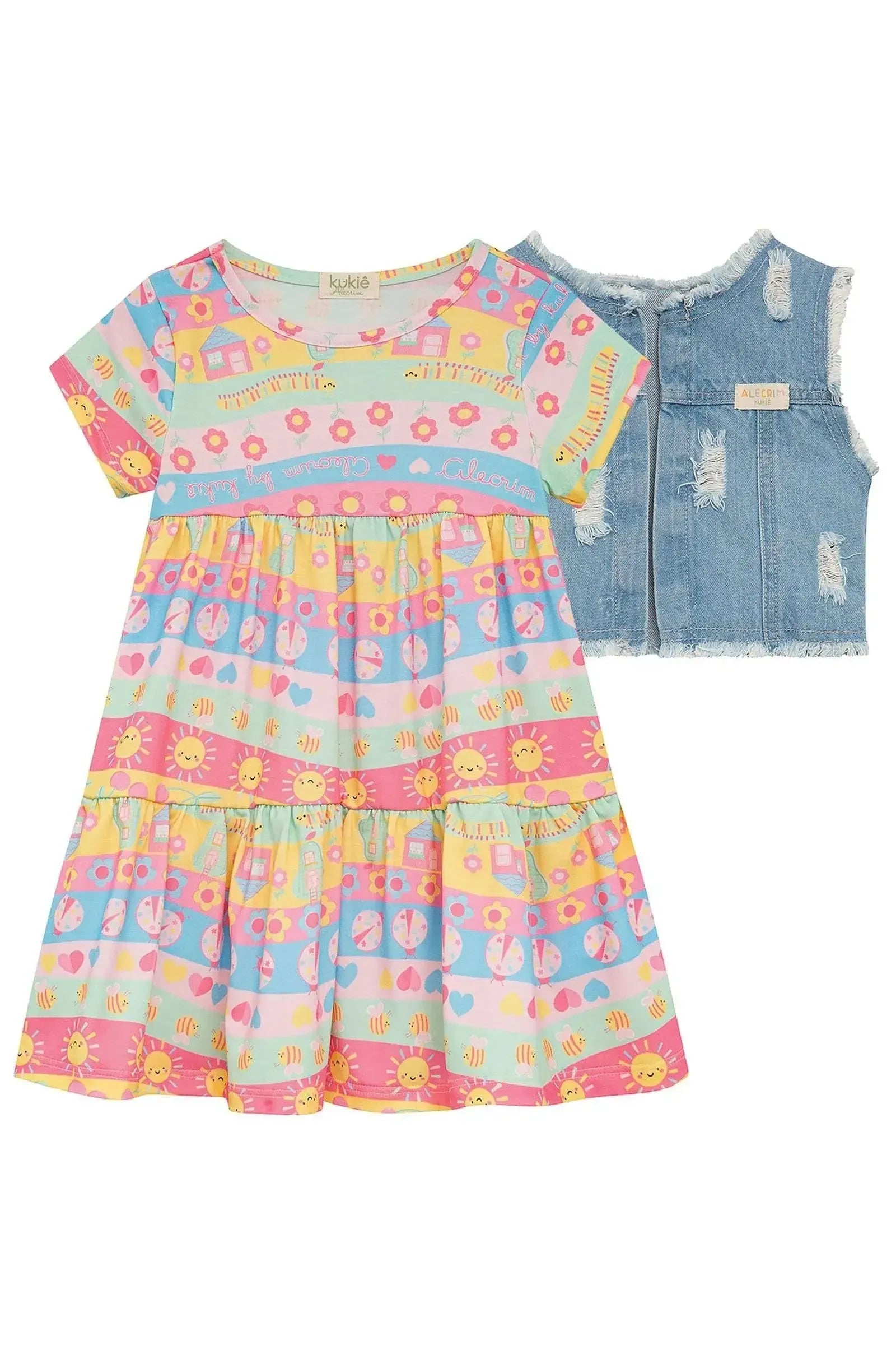 Vestido em Malha Fresh e Colete em Jeans Arkansas 95571 Kukiê Infantil Menina