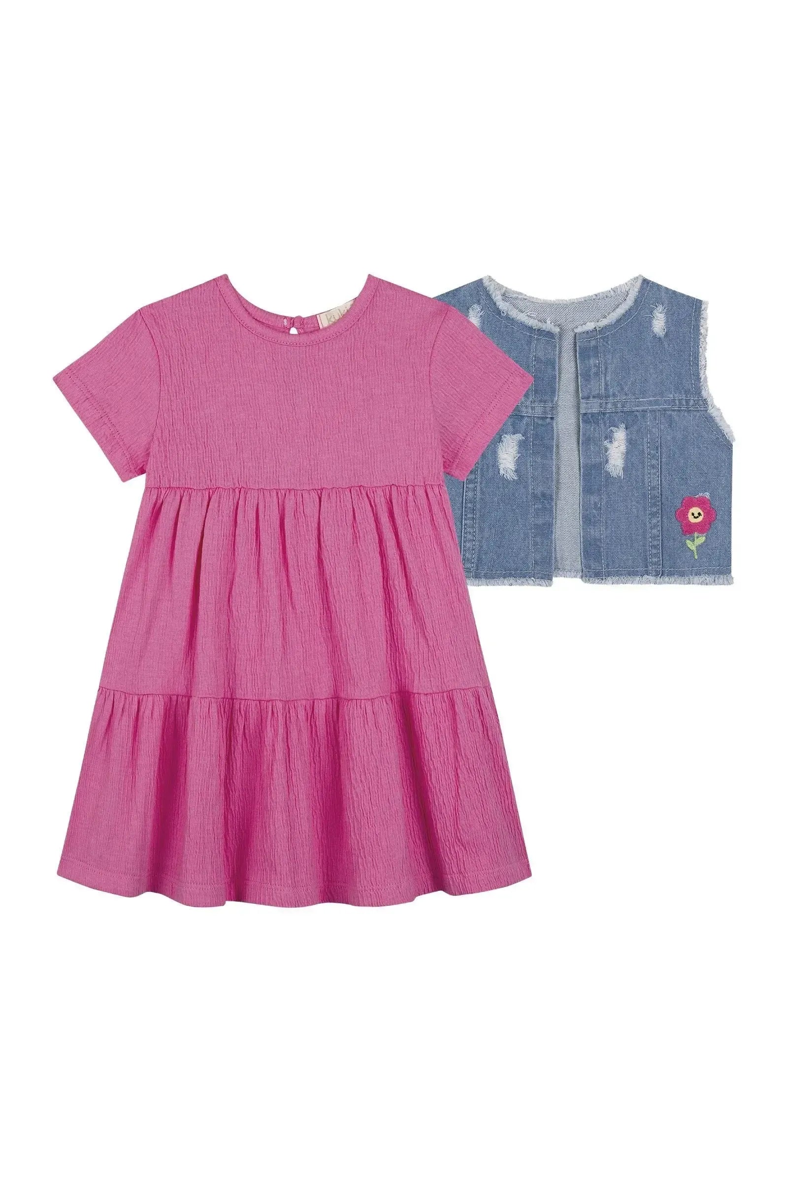 Vestido em Malha Wave e Colete em Jeans Arkansas 86693 Kukiê Bebê Menina