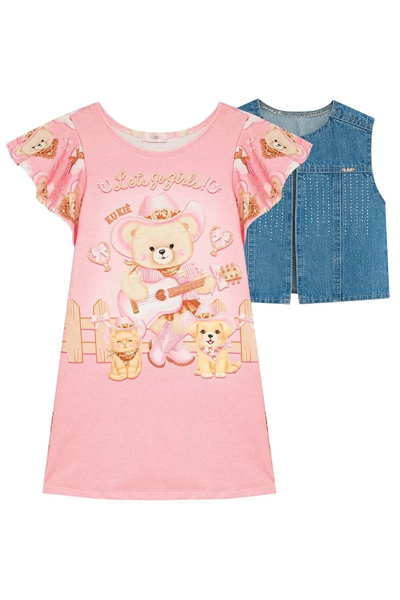 Vestido em Molecotton e Colete em Jeans 95942 Kukiê Infantil Menina