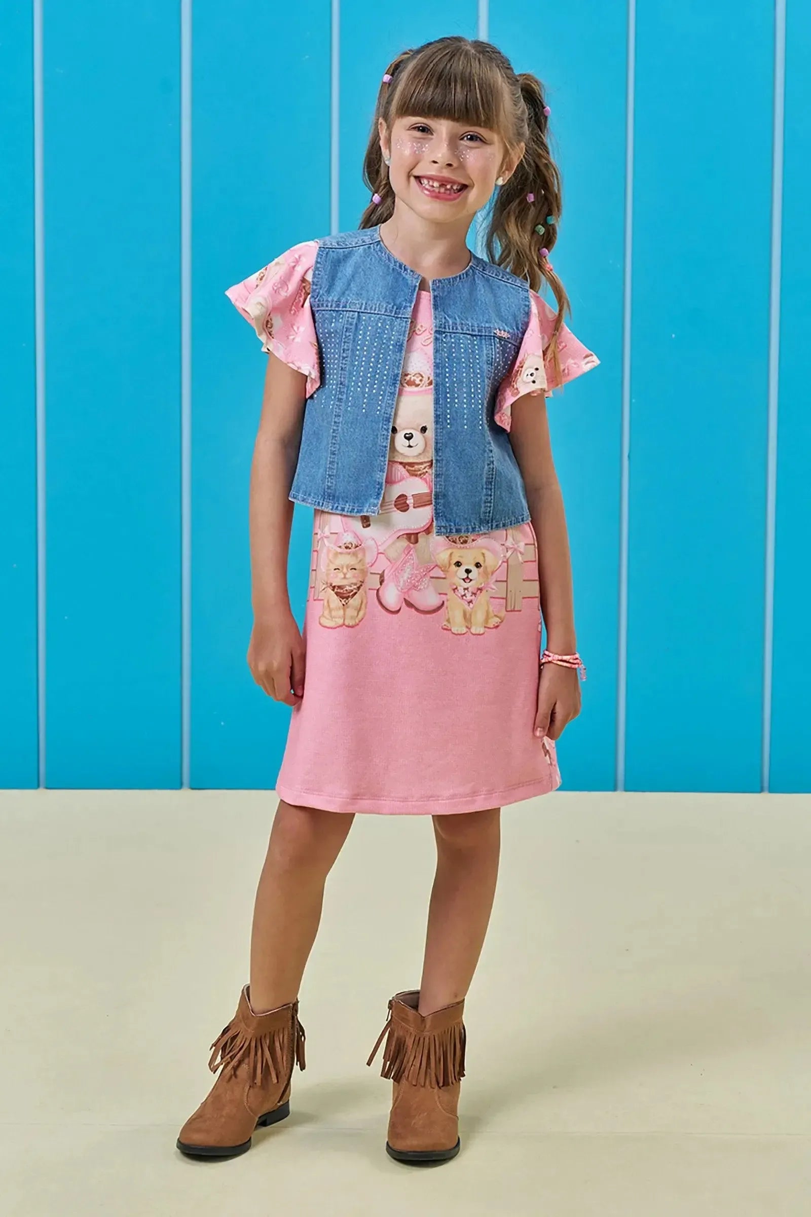 Vestido em Molecotton e Colete em Jeans 95942 Kukiê Infantil Menina