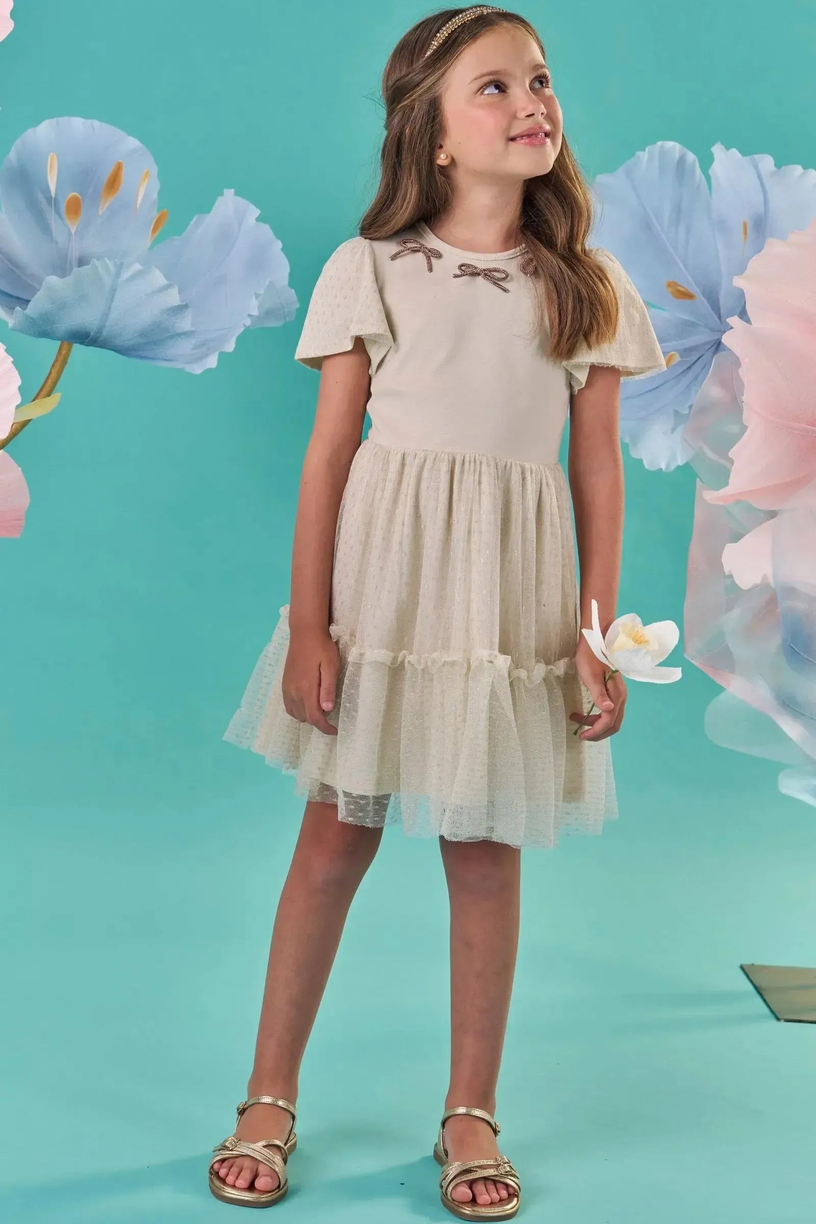 Vestido em Ribana e Tule com Elastano 86996 Kukiê Infantil Menina
