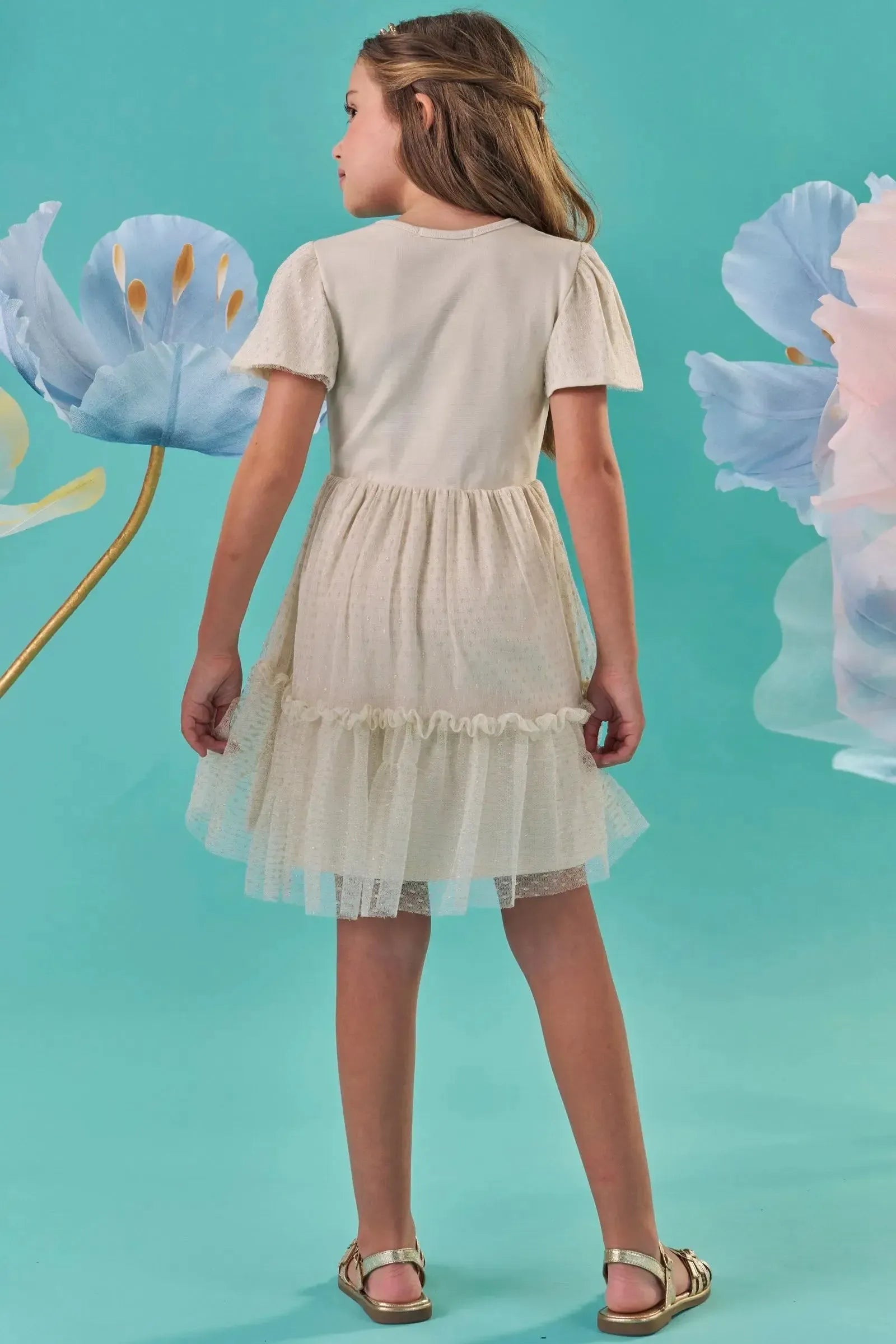 Vestido em Ribana e Tule com Elastano 86996 Kukiê Infantil Menina