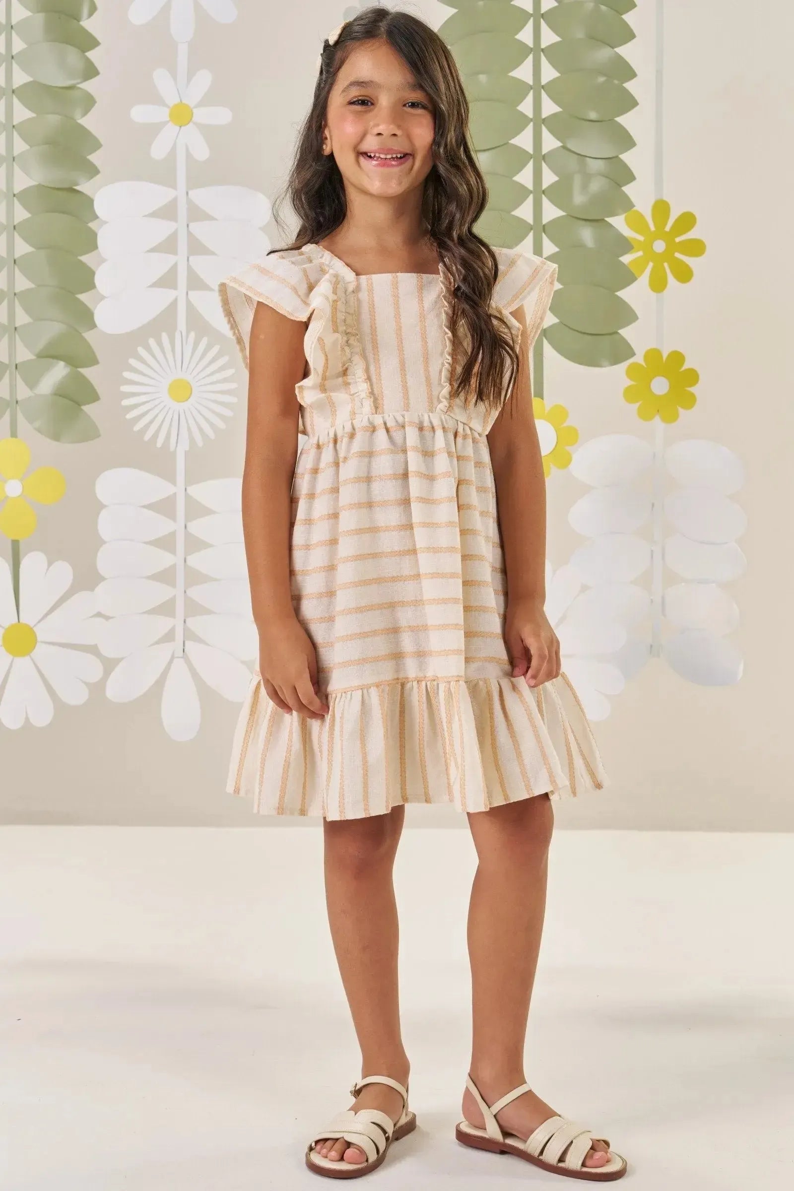 Vestido em Tricoline Linho Listras 86470 Kukiê Infantil Menina