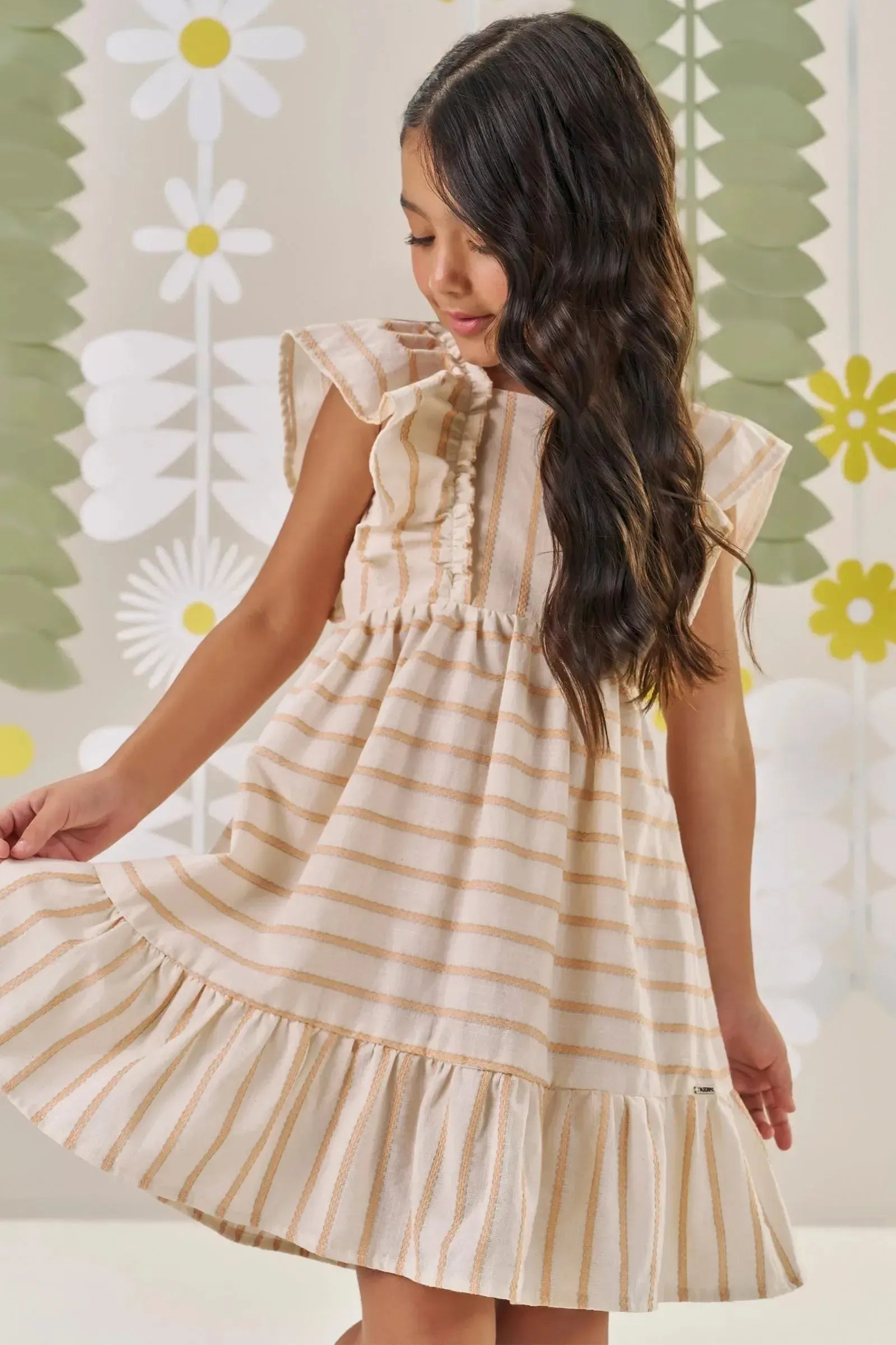 Vestido em Tricoline Linho Listras 86470 Kukiê Infantil Menina