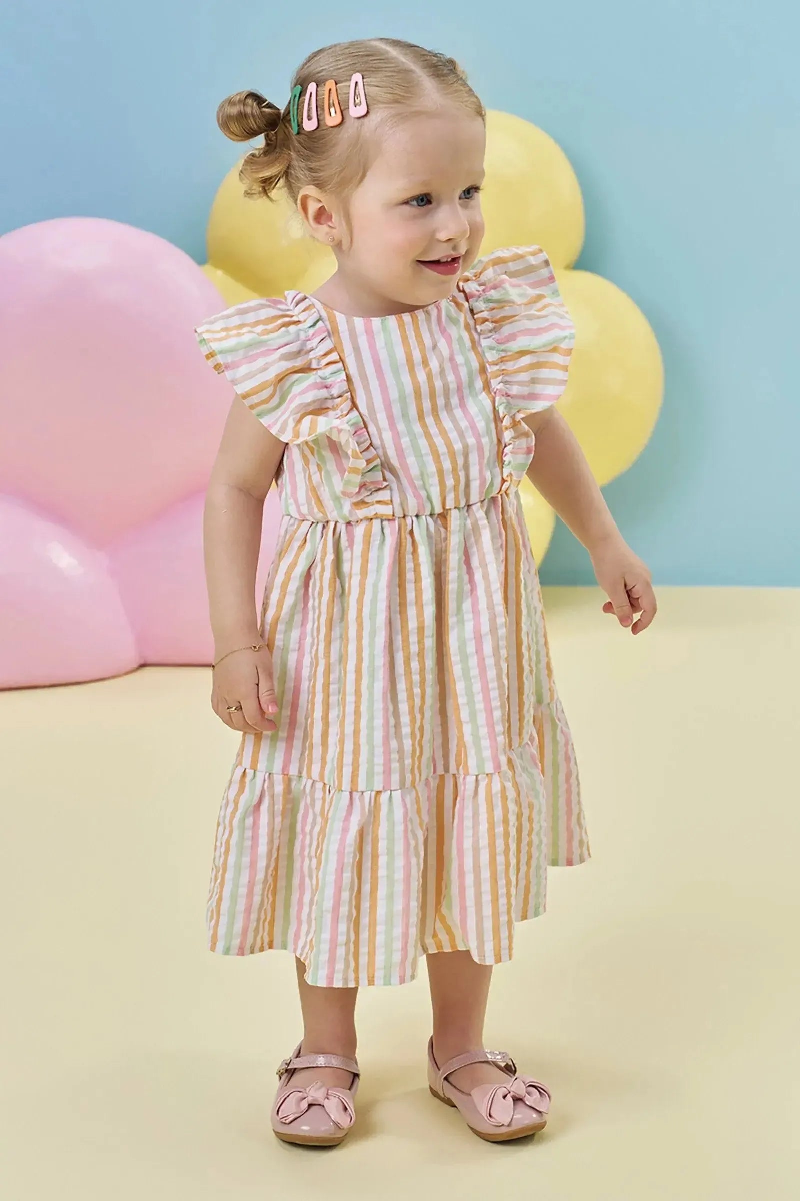 Vestido em Tricoline Listrada Anarruga 94704 Kukiê Infantil Menina