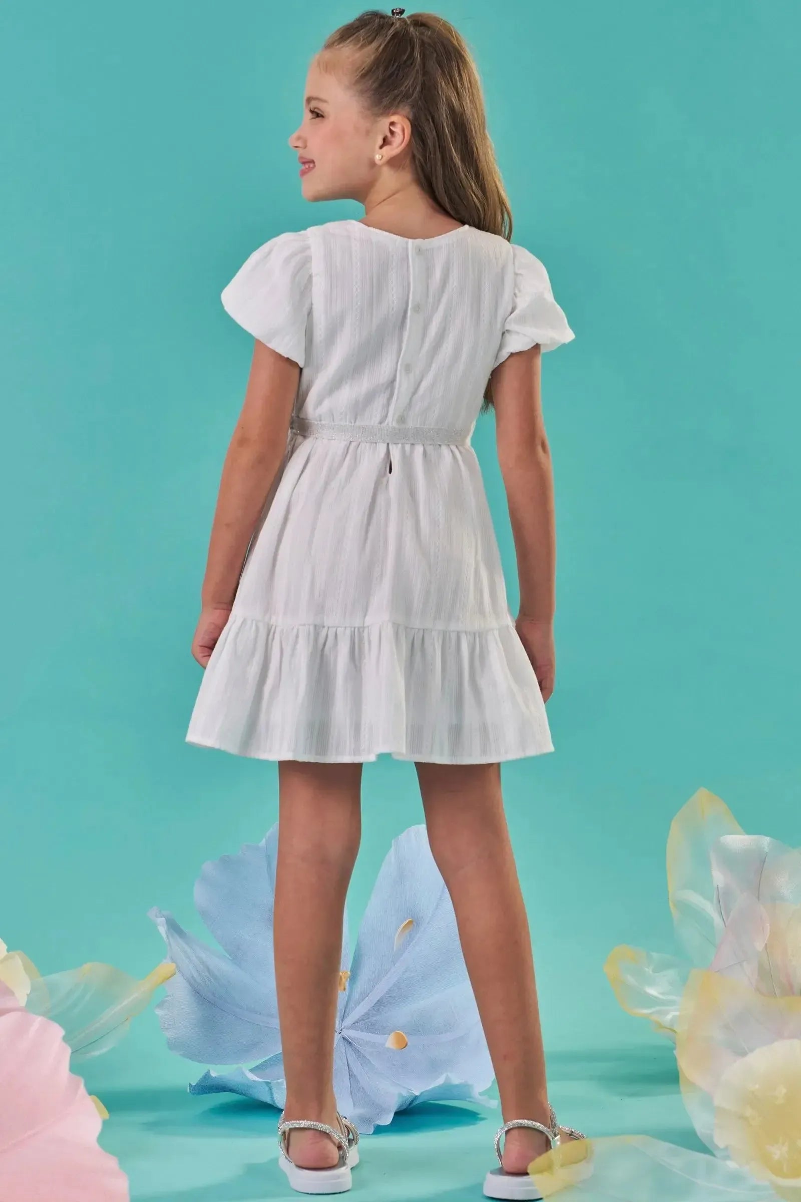 Vestido em Tricoline Textura Listrada 100% Algodão 87345 Kukiê Infantil Menina