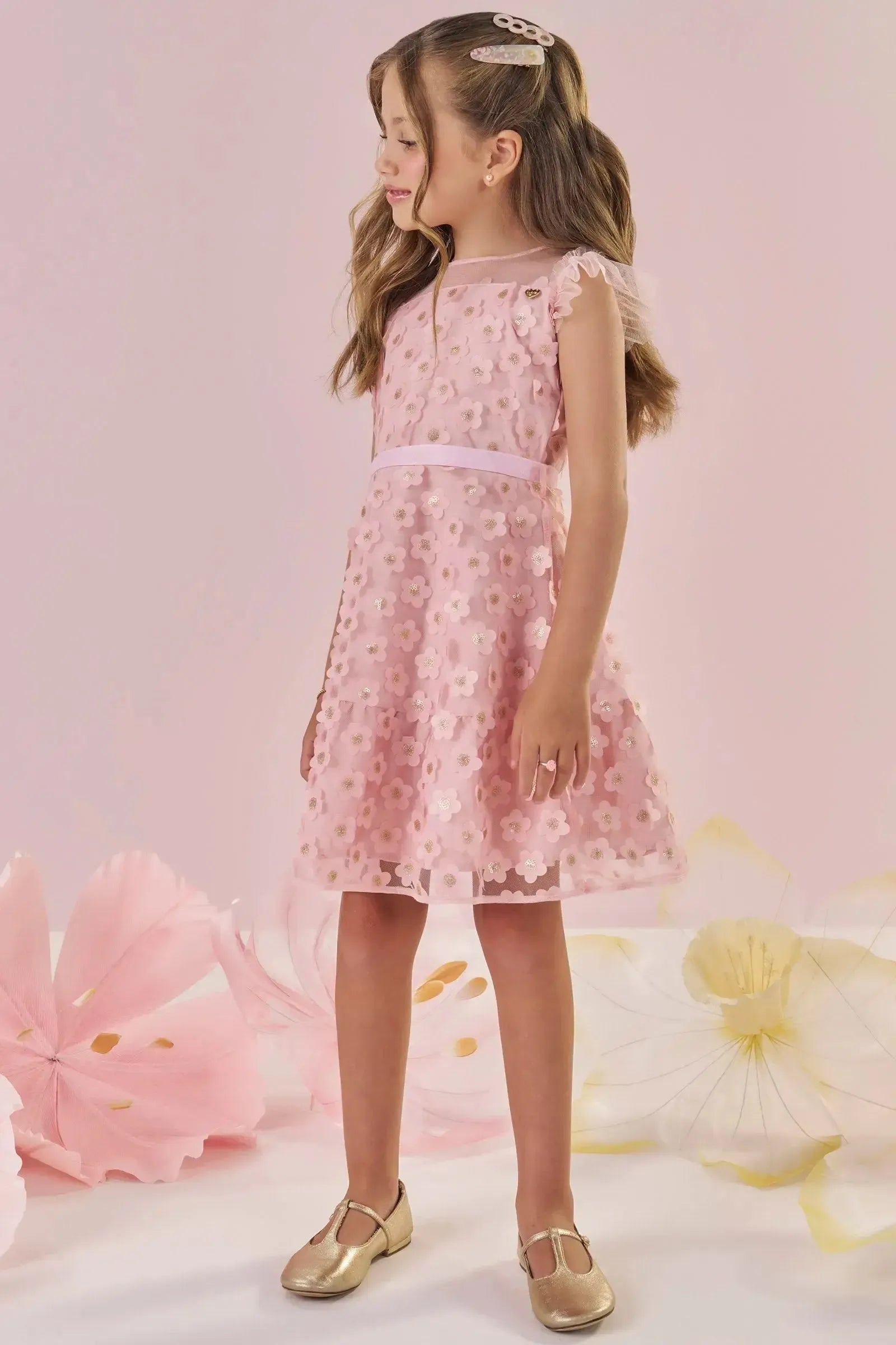 Vestido em Tule Bordado Flores 86985 Kukiê Infantil Menina