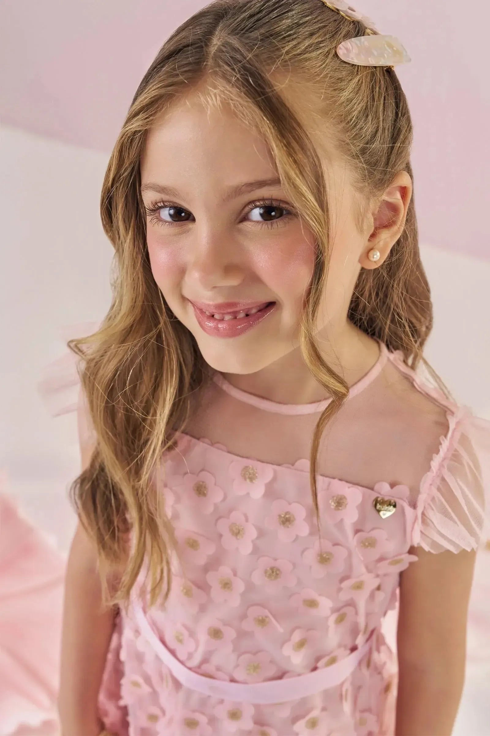 Vestido em Tule Bordado Flores 86985 Kukiê Infantil Menina