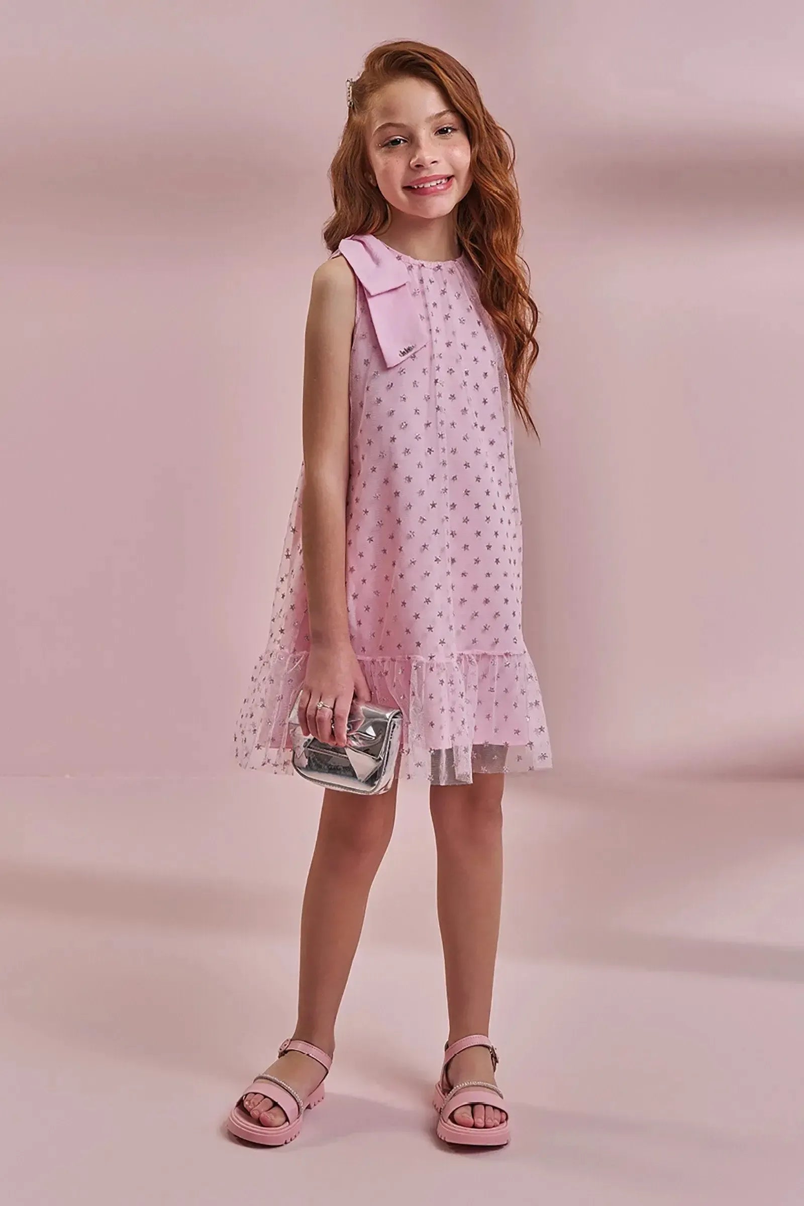 Vestido em Tule Glitter Estrelas 96563 Kukiê Infantil Menina